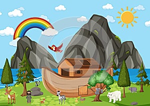 Noah`s Ark with wild animals in nature scene