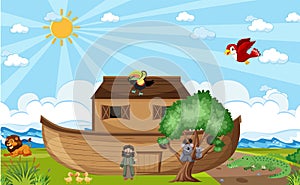 Noah`s Ark with wild animals in nature scene