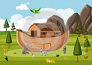 Noah`s Ark with wild animals in nature scene