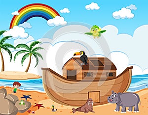 Noah`s Ark with wild animals in nature scene