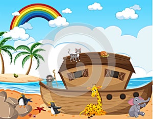 Noah`s Ark with wild animals in nature scene
