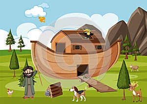 Noah`s Ark with wild animals in nature scene