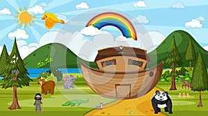 Noah`s Ark with wild animals in nature scene