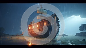 Noah's Ark 3D Illustration during a storm and lightning