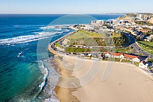 Nobbys Beach NSW Australia - Aerial view of beach and Fort Scratchley