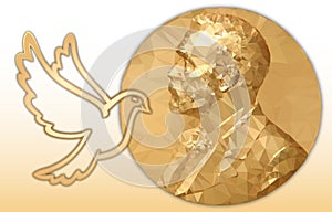Nobel Peace award, gold polygonal medal and dove photo