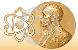 Nobel Physics award, gold polygonal medal and atom structure photo