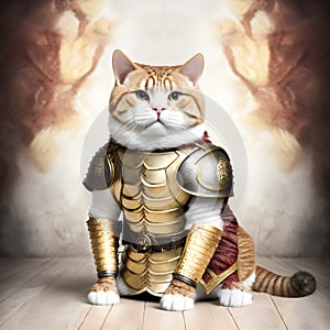 Noble British Shorthair ginger cat as a Knight wearing golden kings armor
