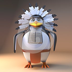 Noble 3d cartoon native American Indian penguin chieftain in feathered headdress standing peacefully, 3d illustration photo