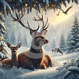 Noble Deer Family Adorns a Winter Wonderland with Christmas Spirit. Generative ai for illustrations