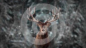 Noble deer male in winter snow forest. Artistic winter christmas landscape