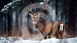 Noble deer male in winter snow forest. Wild red deer in nature at sunset Mountain landscape wildlife