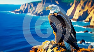 Noble Eagle Perched on Rocky Cliff with Ocean Backdrop photo