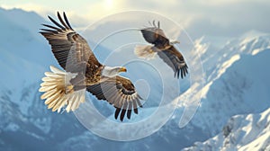 Noble eagles soaring high above snow-capped mountain peaks, symbols of freedom and strength
