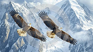 Noble eagles soaring high above snow-capped mountain peaks, symbols of freedom and strength