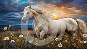 A noble horse walks on a cornflower field, its mane develops in the wind.