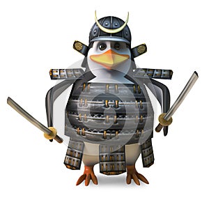 Noble Japanese penguin samurai warror wields two mighty katana swords, 3d illustration