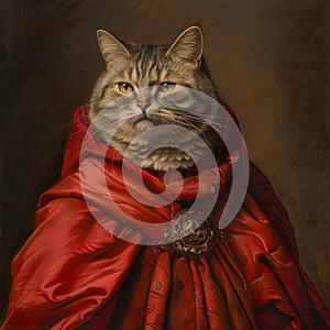 Noble Medieval Cat, Imitation of Van Dyck, Proud Cat in a Red Cloak, Generative AI Illustration