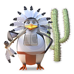 Noble native American Indian penguin chief smokes his peace pipe peacefully by a cactus, 3d illustration