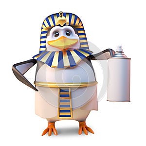 Noble penguin pharaoh Tutankhamun using an aerosol spraypaint can, 3d illustration