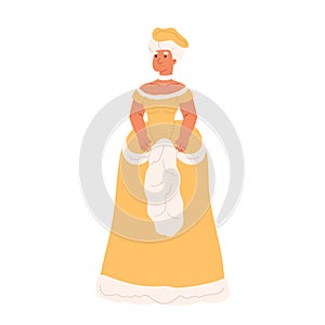 Noble woman in 18th century dress for carnival. Female character in retro fashion costume and wig