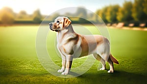 Noble Yellow Labrador Retriever Standing in Sunlit Field,