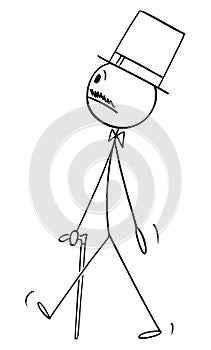 Nobleman Walking with Stick and Wearing Top Hat, Vector Cartoon Stick Figure Illustration