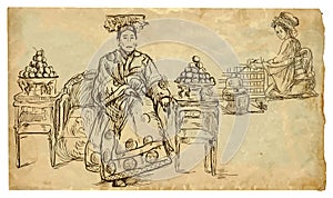 Noblewoman and girl preparing tea photo