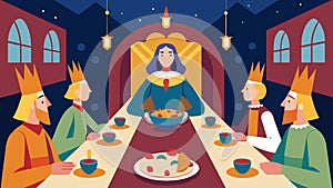 A noblewoman sitting at a grand feast table regaling her guests with stories of her travels to faroff lands.. Vector photo