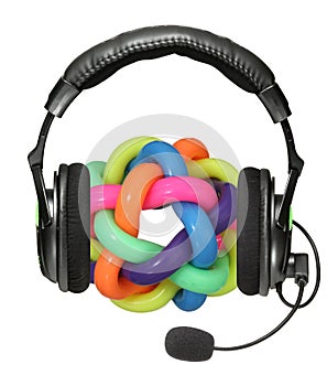 nobody Close-up of Head phones with toy on white background.