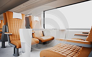 Nobody Comfortable Modern Orange Color Leather Armchair Inside Business Class Cabin Fast Speed Train.White Window