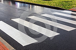 Nobody on crosswalk in clack and white crosswalk lines after rain wet