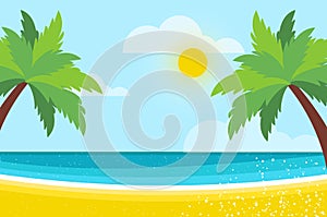 Nobody under the palm tree on Seashore. Time to travel. Tropical summer holidays. Seaside landscape. Flat. V