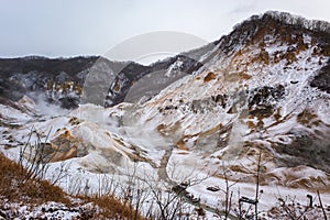 Noboribetsu hot spring, Jigokudani or Hell Valley during winter