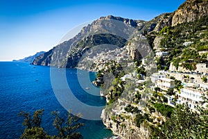 Nocelle village on Amalfi Coast with view sea water blue and sky