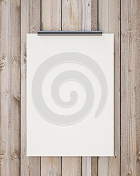 Nock up blank white hanging poster on vertical wooden planks wall, background