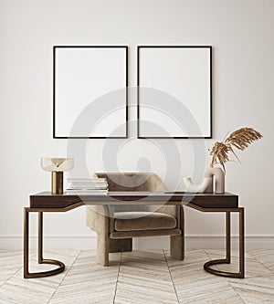 Nock up poster in modern interior background, home office, living room, minimalistic style 3D render
