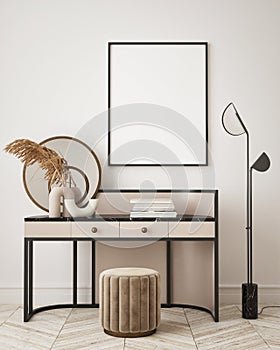 Nock up poster in modern interior background, home office, living room, minimalistic style 3D render