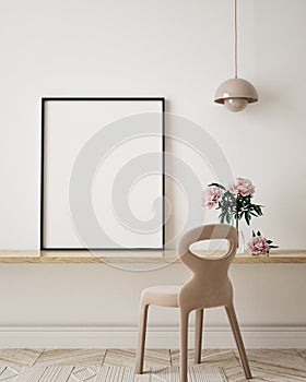 Nock up poster in modern interior background living room, home office, minimalistic style 3D render