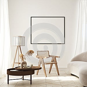 Nock up poster in modern interior background, living room, minimalistic style 3D render