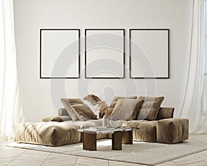 Nock up poster in modern interior background, living room, minimalistic style 3D render