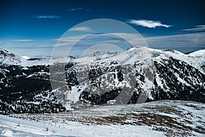 Nocky mountains in Alps photographed from a slope in February. Mountains full of trees partly covered in snow.