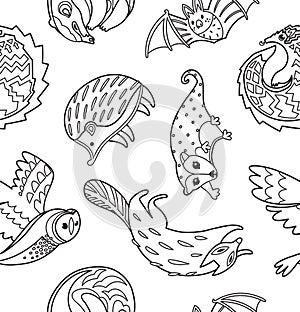 Nocturnal animals seamless pattern for coloring book