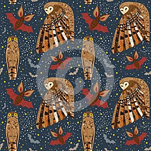 Nocturnal Birds and Animals Seamless Pattern