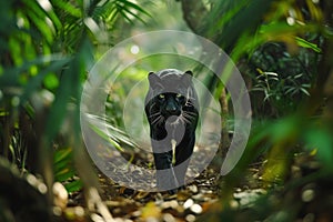 Nocturnal Black panther tropical forest walk. Generate Ai photo