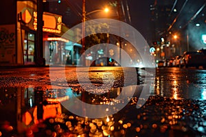 Nocturnal City: Illuminated Shopfronts in Rainy Streets.