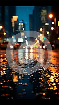 Nocturnal cityscape through rain speckled glass, background softened by blur