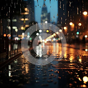 Nocturnal cityscape through rain speckled glass, background softened by blur