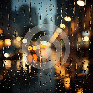 Nocturnal cityscape through rain speckled glass, background softened by blur