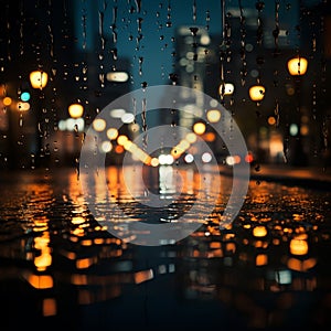 Nocturnal cityscape through rain speckled glass, background softened by blur